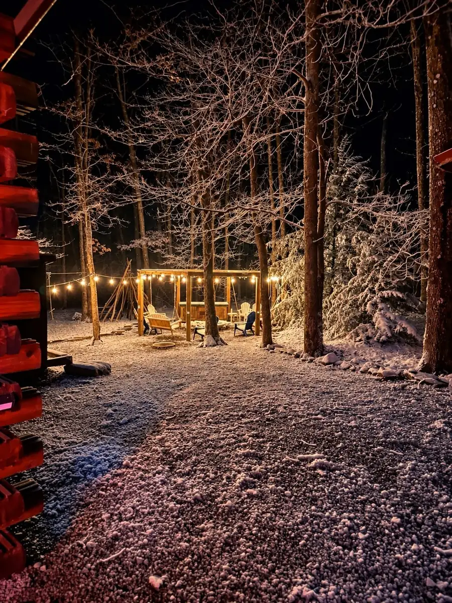 Firepit seating area under string lights in the snowy woods at night