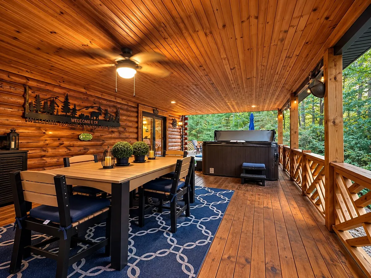 Covered wood porch with dining table, ceiling fan and the hot tub at the far end